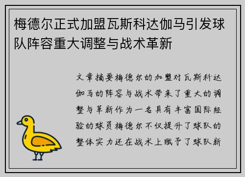 梅德尔正式加盟瓦斯科达伽马引发球队阵容重大调整与战术革新